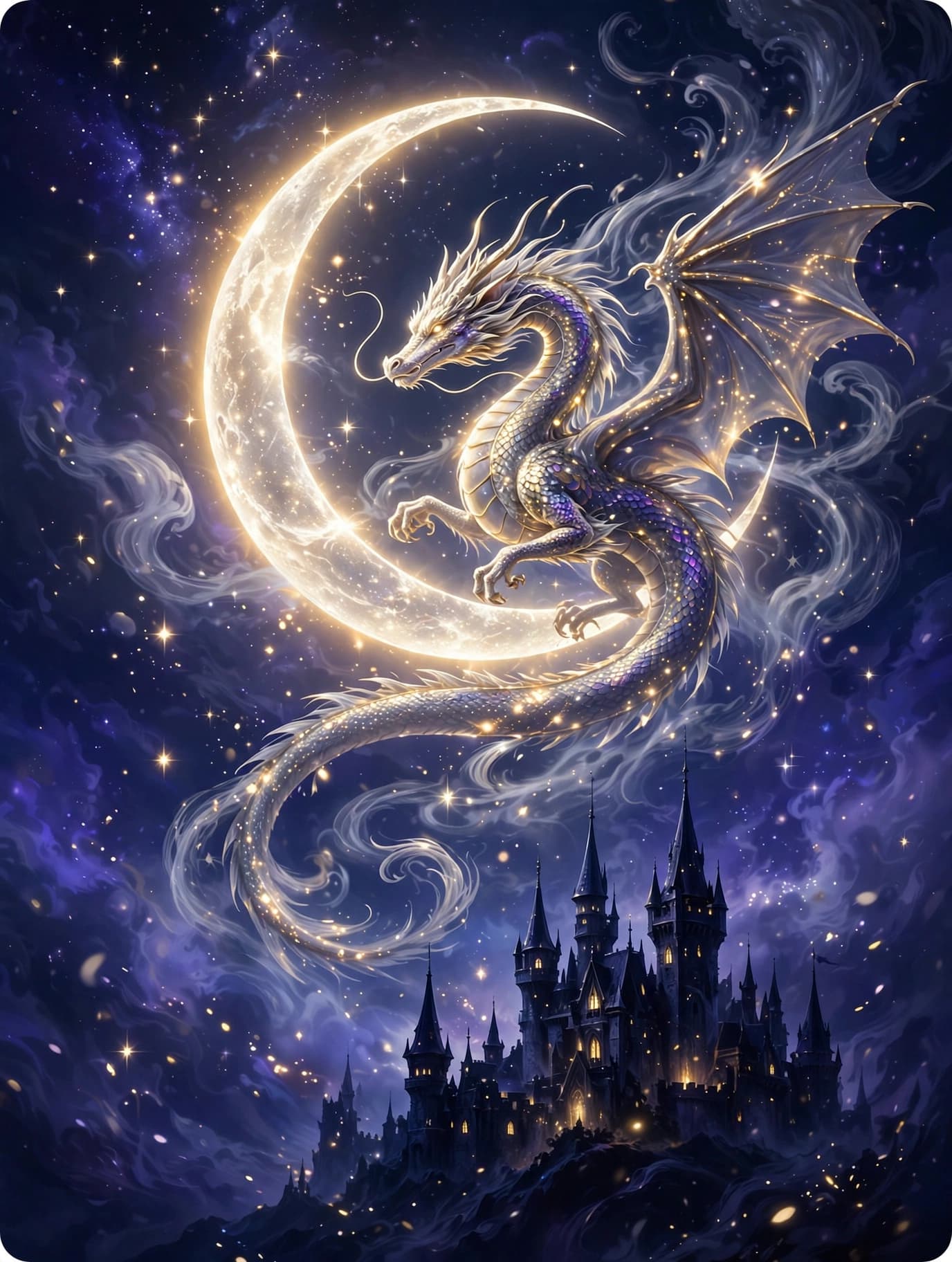 Dragon soaring across a crescent moon over castle spires.